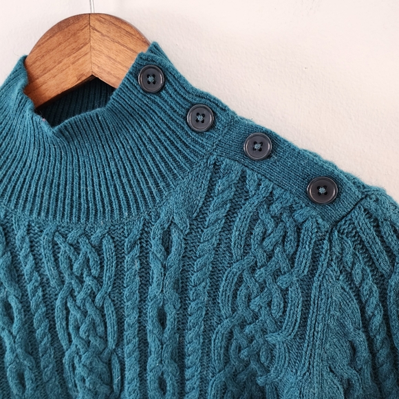 Talbots Cotton Angora Dark Teal Cable Knit Fisherman Sweater with Button Detail - Picture 10 of 10